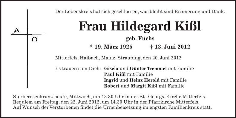 Traueranzeige Hildegard Kißl