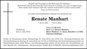 Traueranzeige Renate Manhart