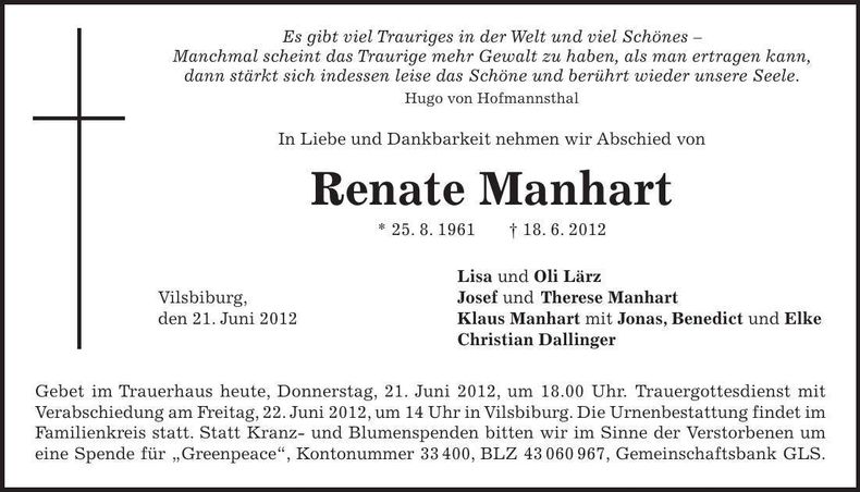 Traueranzeige Renate Manhart