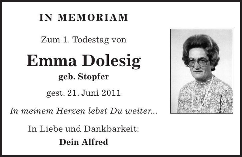 Traueranzeige Emma Dolesig