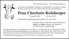 Traueranzeige Charlotte Kelnberger