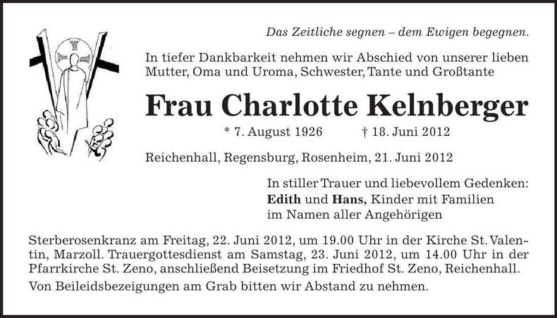 Traueranzeige Charlotte Kelnberger