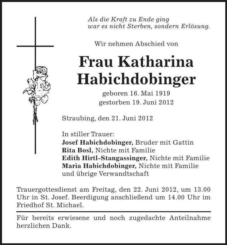 Traueranzeige Katharina Habichdobinger