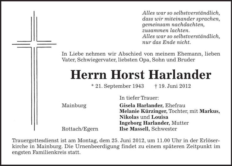 Traueranzeige Horst Harlander