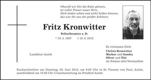 Traueranzeige Fritz Kronwitter
