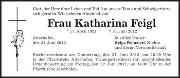 Traueranzeige Katharina Feigl