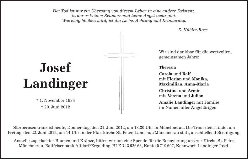 Traueranzeige Josef Landinger