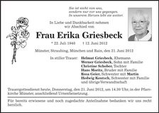 Traueranzeige Erika Griesbeck