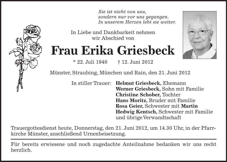 Traueranzeige Erika Griesbeck