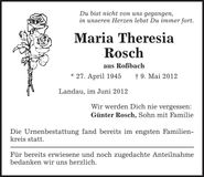 Traueranzeige Maria Theresia Rosch