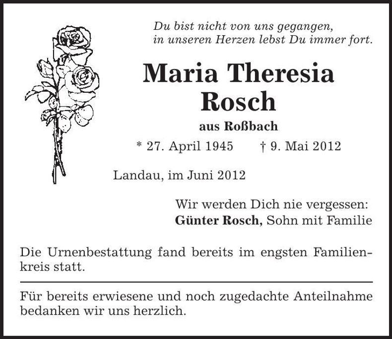 Traueranzeige Maria Theresia Rosch