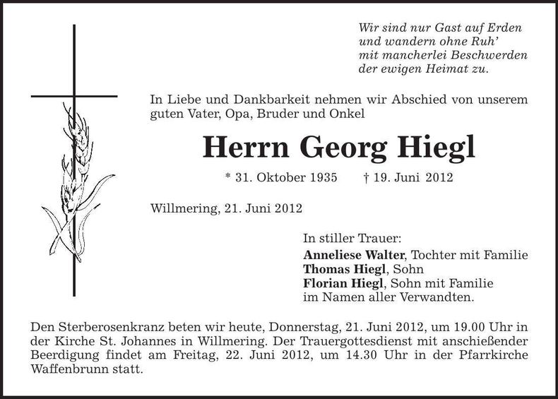 Traueranzeige Georg Hiegl