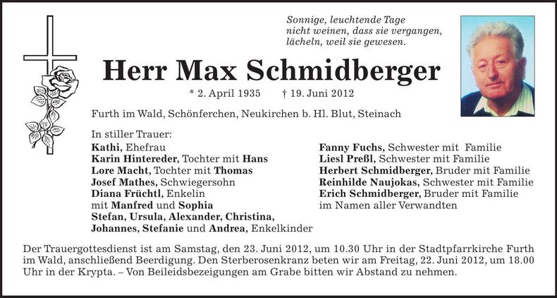 Traueranzeige Max Schmidberger
