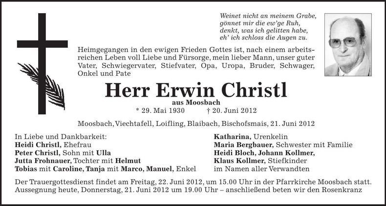 Traueranzeige Erwin Christl