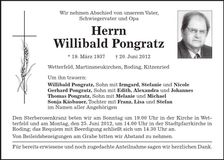Traueranzeige Willibald Pongratz