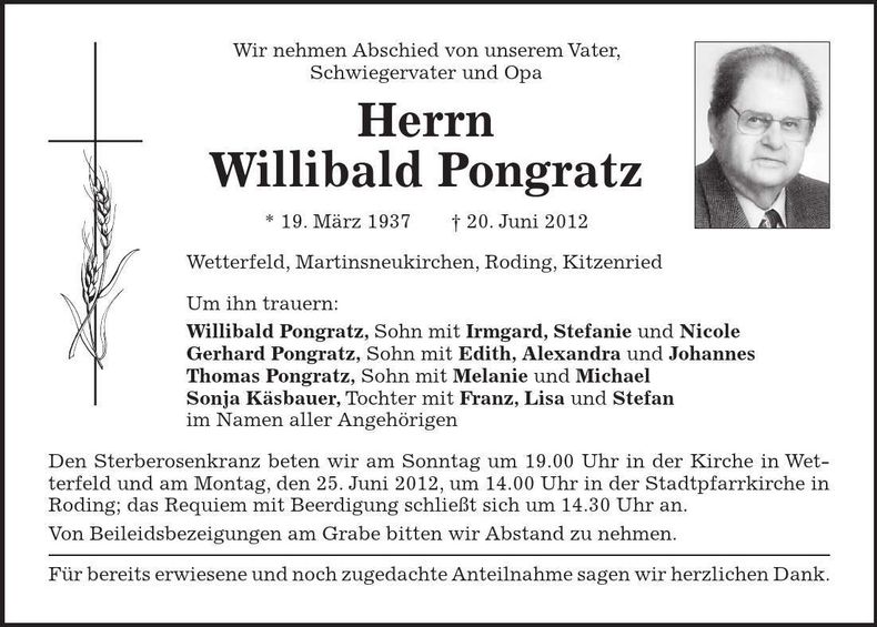 Traueranzeige Willibald Pongratz