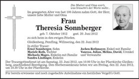 Traueranzeige Theresia Sonnberger