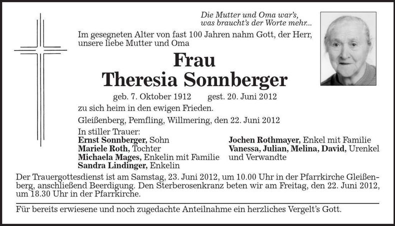 Traueranzeige Theresia Sonnberger