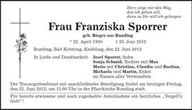 Traueranzeige Franziska Sporrer