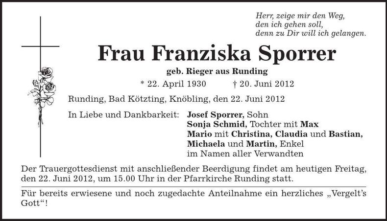 Traueranzeige Franziska Sporrer