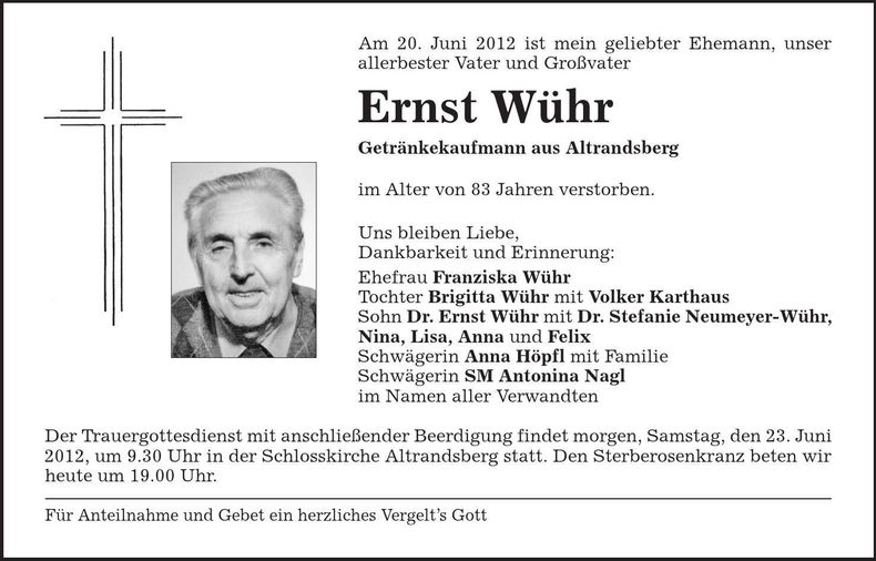 Traueranzeige Ernst Wühr