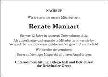 Traueranzeige Renate Manhart