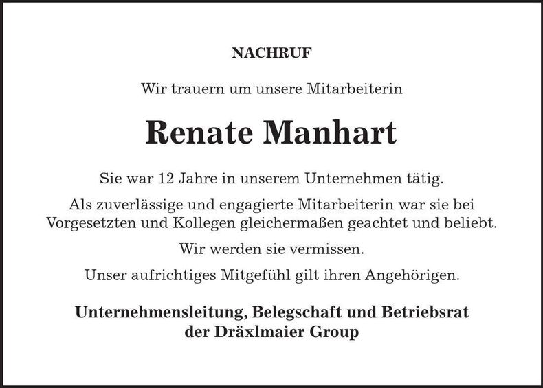 Traueranzeige Renate Manhart