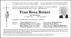 Traueranzeige Rosa Reiner