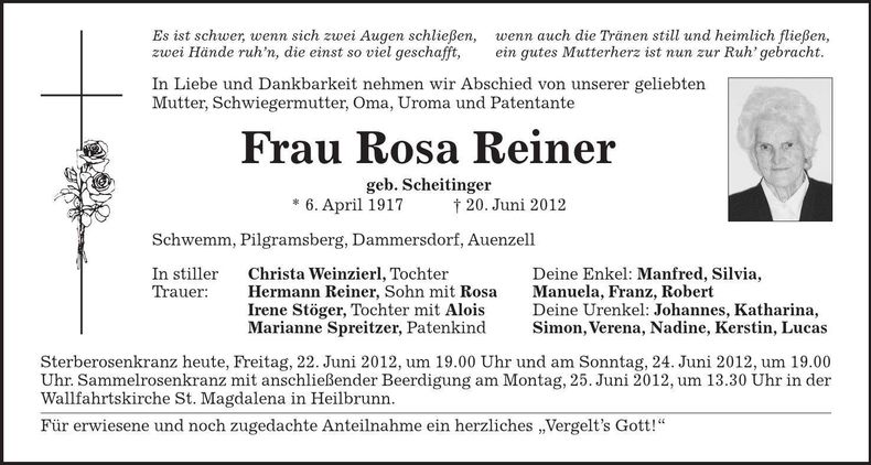 Traueranzeige Rosa Reiner