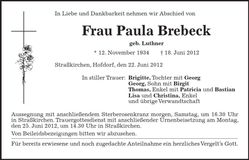 Traueranzeige Paula Brebeck