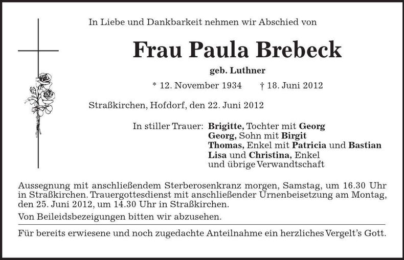 Traueranzeige Paula Brebeck