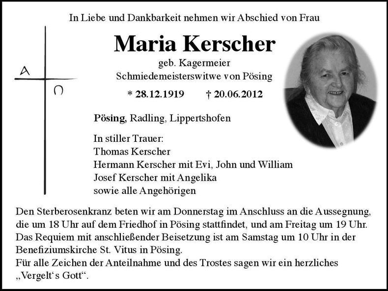 Traueranzeige Maria Kerscher