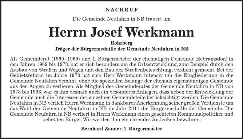 Traueranzeige Josef Werkmann