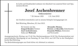 Traueranzeige Josef Aschenbrenner