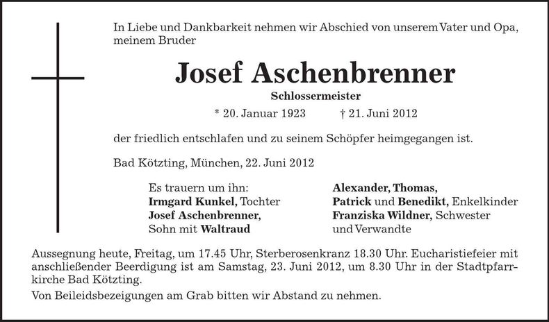 Traueranzeige Josef Aschenbrenner