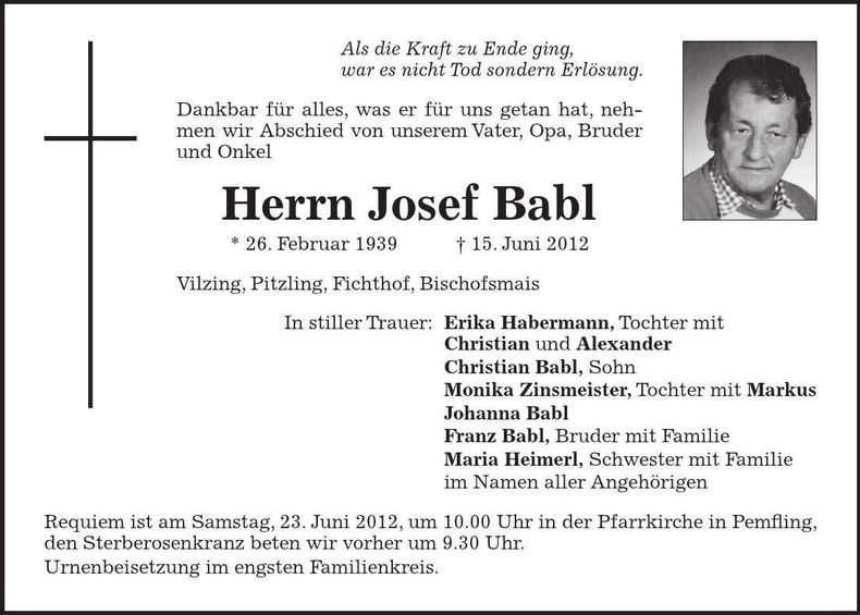Traueranzeige Josef Babl