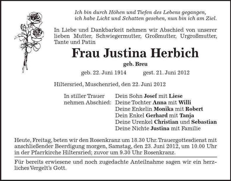 Traueranzeige Justina Herbich