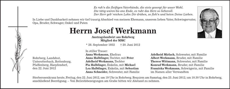 Traueranzeige Josef Werkmann