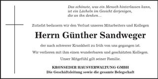 Traueranzeige Günther Sandweger