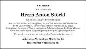 Traueranzeige Anton Stöckl