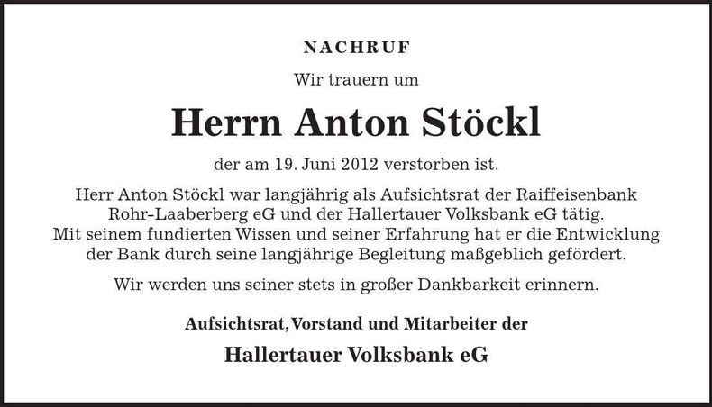 Traueranzeige Anton Stöckl