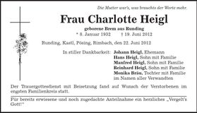 Traueranzeige Charlotte Heigl