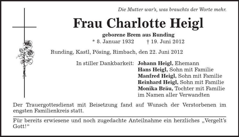 Traueranzeige Charlotte Heigl