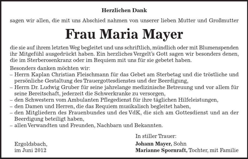Traueranzeige Maria Mayer