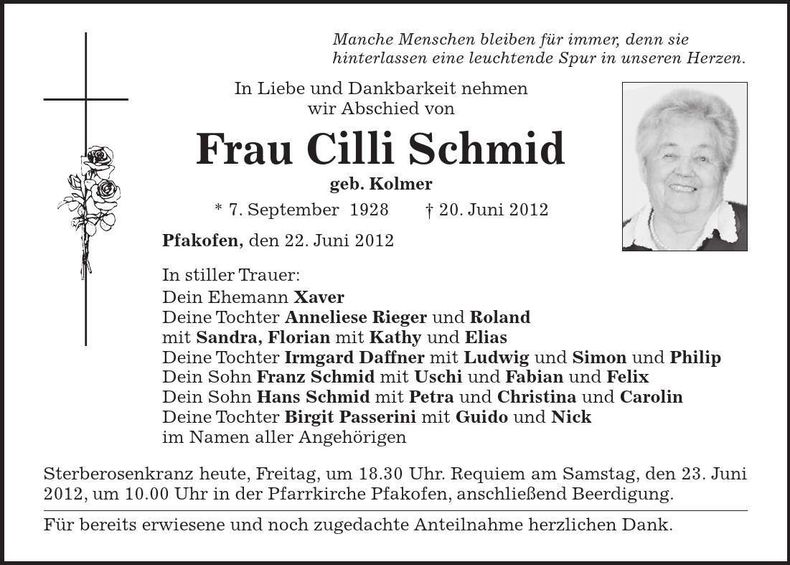 Traueranzeige Cilli Schmid