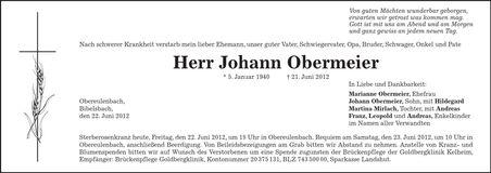 Traueranzeige Johann Obermeier