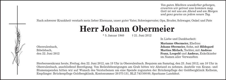 Traueranzeige Johann Obermeier