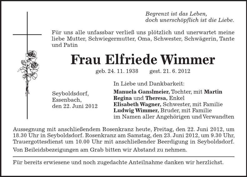 Traueranzeige Elfriede Wimmer