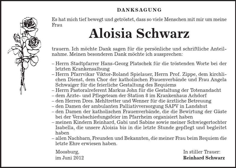 Traueranzeige Aloisia Schwarz