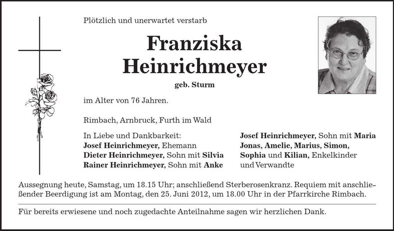 Traueranzeige Franziska Heinrichmeyer